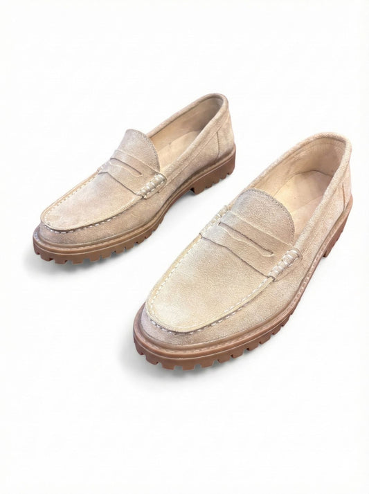 Beige Suede Penny Loafers with Lug Sole