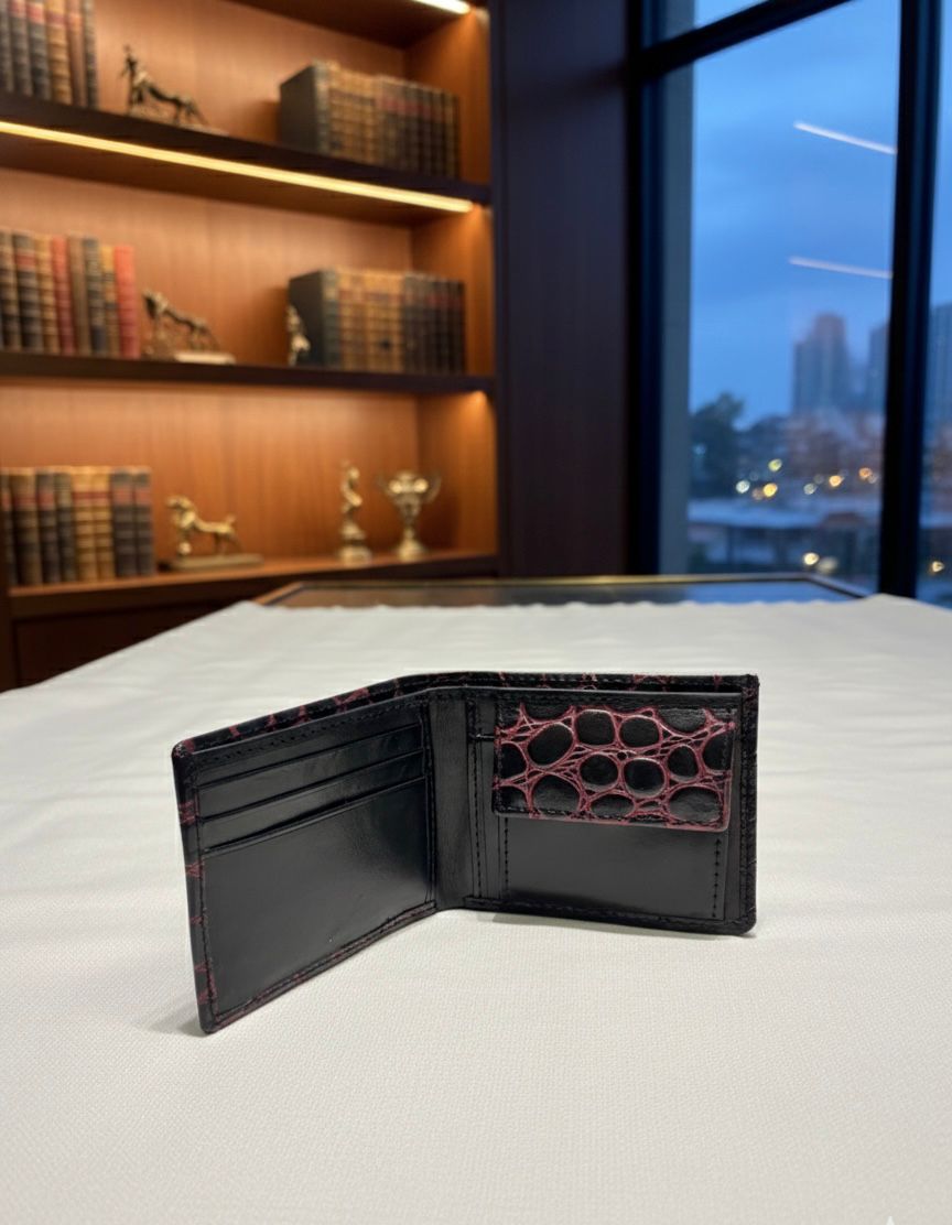 Black Crocodile Pattern Bifold Leather Wallet