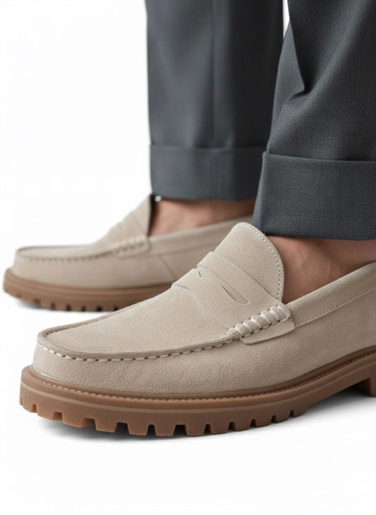 Beige Suede Penny Loafers with Lug Sole