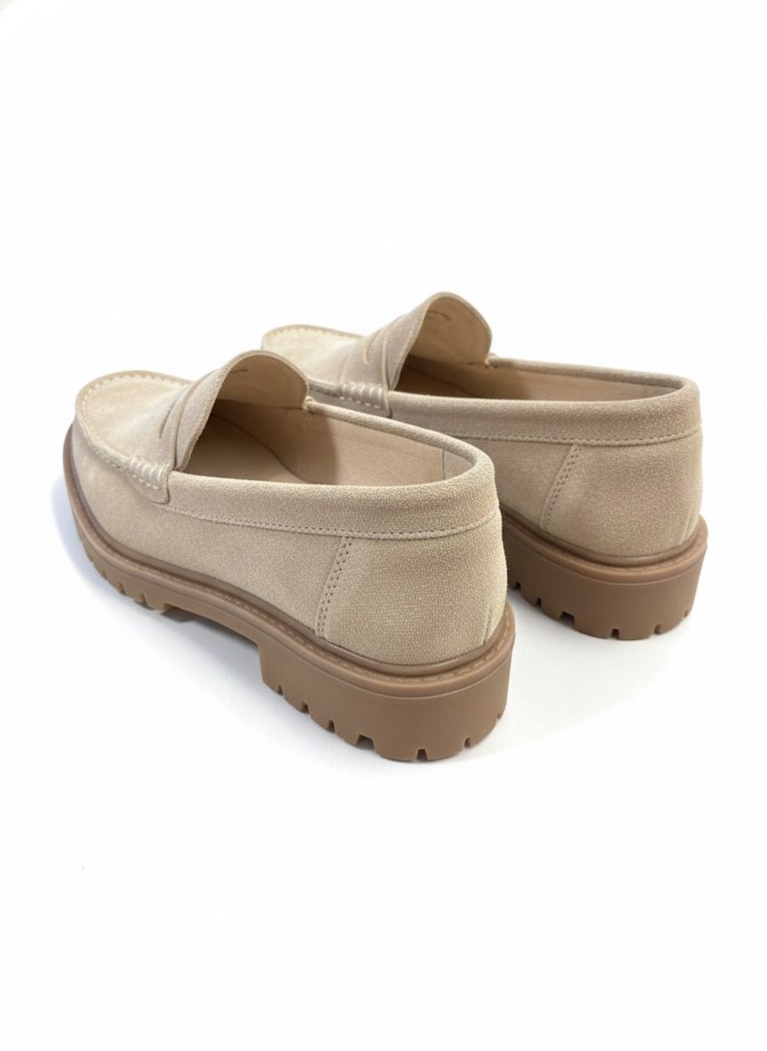 Beige Suede Penny Loafers with Lug Sole