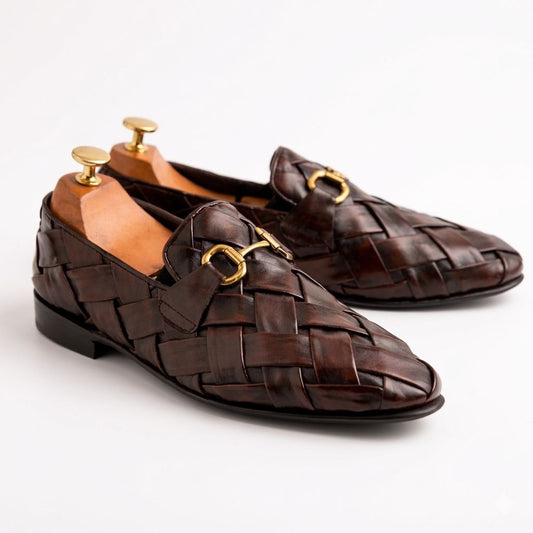 Brown Woven Leather Horsebit Loafers