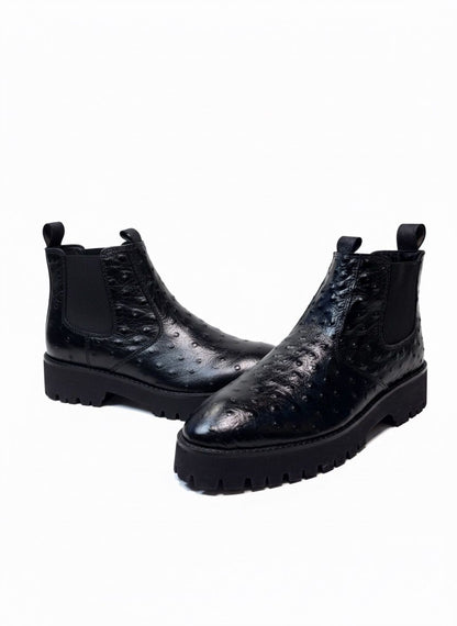 Black Ostrich Leather Chelsea Boots (Lug Sole)