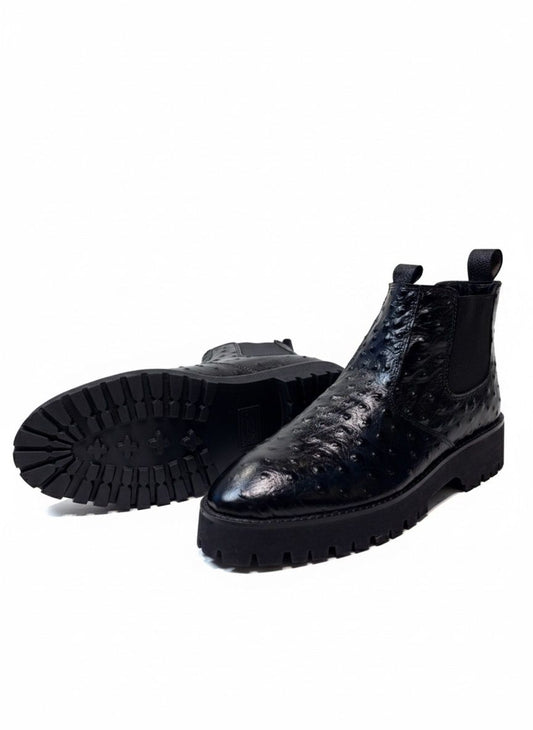 Black Ostrich Leather Chelsea Boots (Lug Sole)