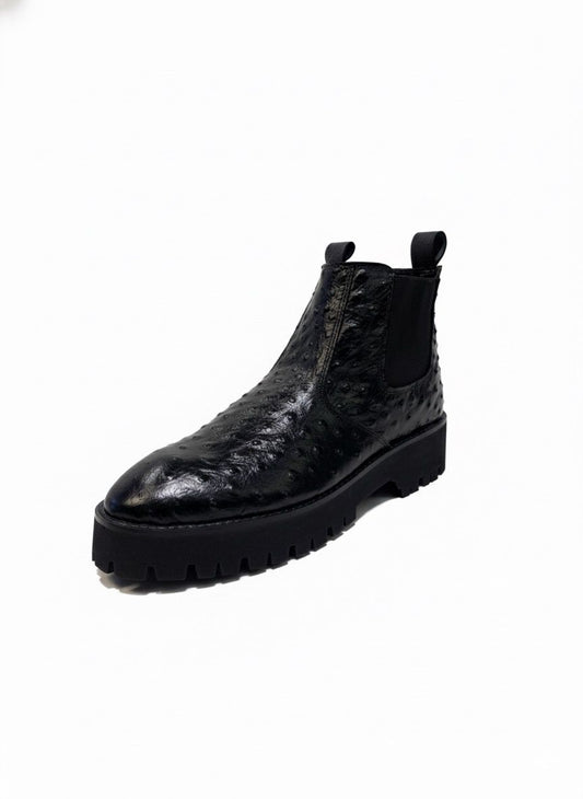 Black Ostrich Leather Chelsea Boots (Lug Sole)