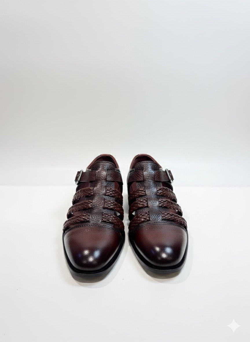 Brown Woven Leather Monk Strap Shoes