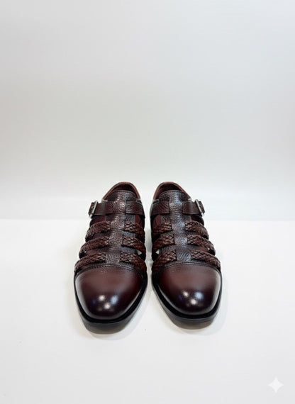 Brown Woven Leather Monk Strap Shoes
