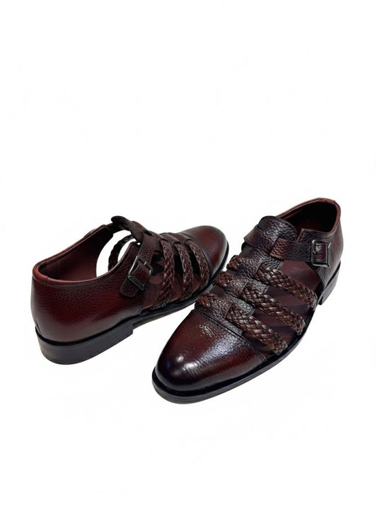Brown Woven Leather Monk Strap Shoes