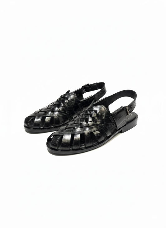 Black Woven Leather Fisherman Sandals