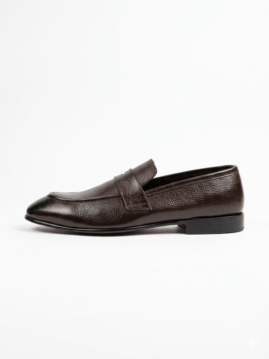 Dark Brown Textured Leather Penny Loafers