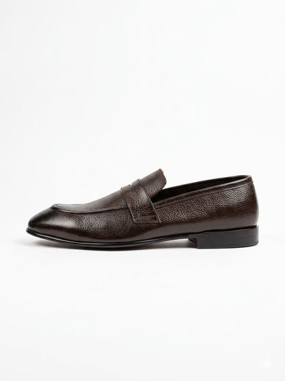 Dark Brown Textured Leather Penny Loafers