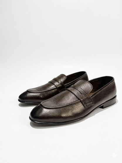 Dark Brown Textured Leather Penny Loafers