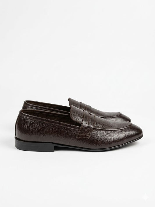 Dark Brown Textured Leather Penny Loafers