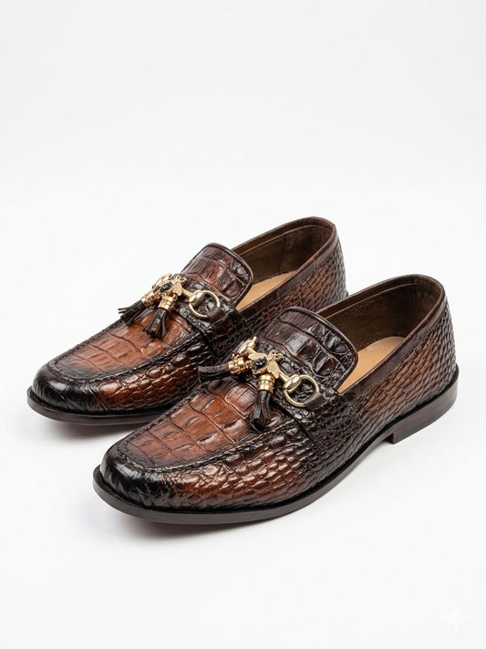 Burnished Brown Crocodile Leather Tassel Loafer