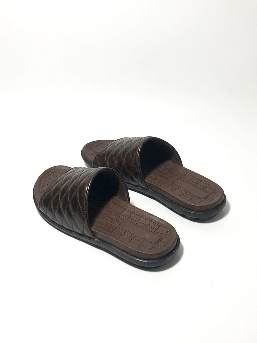 Brown Quilted Leather Slide Sandals