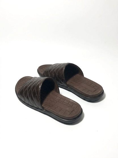 Brown Quilted Leather Slide Sandals