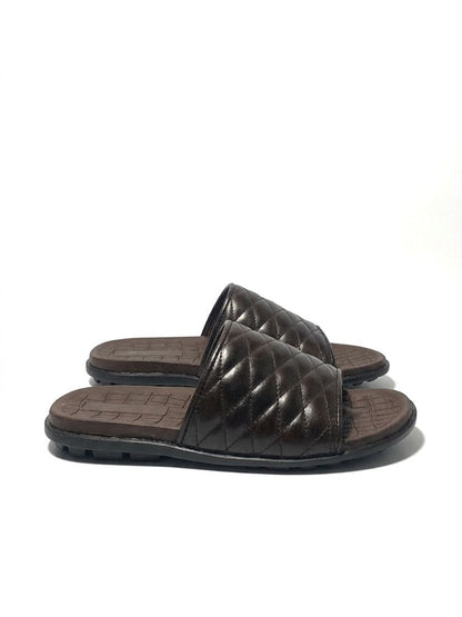 Brown Quilted Leather Slide Sandals
