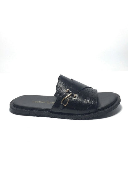 Black Leather Buckle Slide Sandals