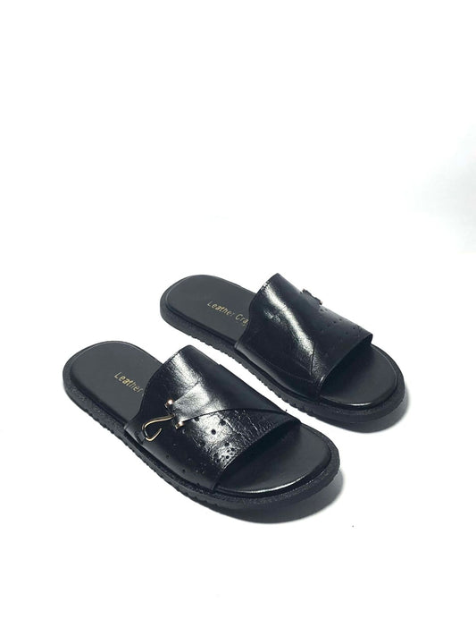 Black Leather Buckle Slide Sandals