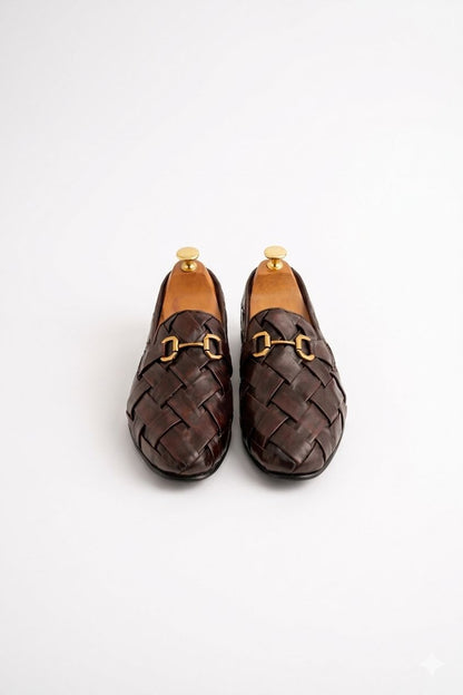 Brown Woven Leather Horsebit Loafers