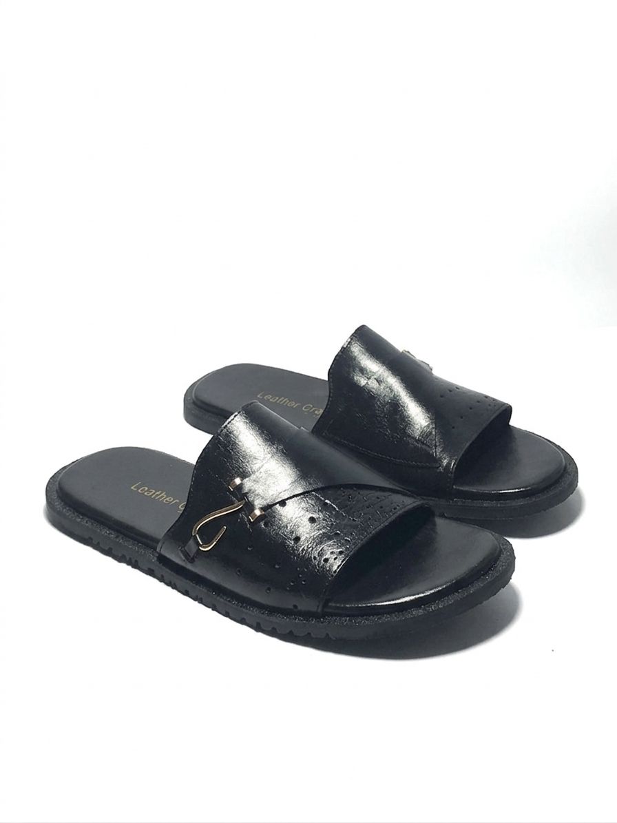 Black Leather Buckle Slide Sandals
