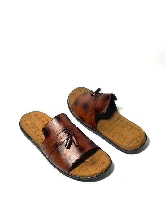 Brown Leather Tassel Slide Sandals