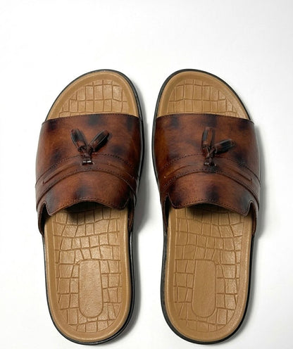 Brown Leather Tassel Slide Sandals