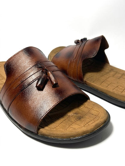 Brown Leather Tassel Slide Sandals