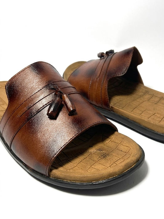 Brown Leather Tassel Slide Sandals